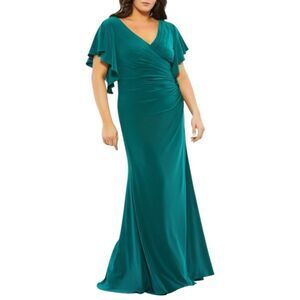NEW Mac Duggal Faux Wrap Butterfly Sleeve Gown Emerald Green 18W